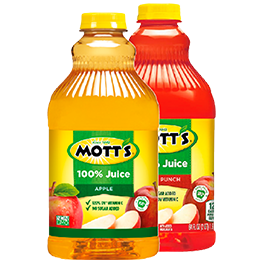 MOTT’S 100% APPLE JUICE OR APPLE JUICE BLENDS OR MOTT’S FOR TOTS JUICE DRINKS 64 OZ. BTLS.