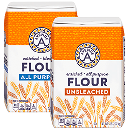 AVENUE A ALL PURPOSE FLOUR UNBLEACHED OR BLEACHED 5 LB. PKGS.