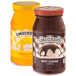 SMUCKER’S TOPPINGS HOT FUDGE, STRAWBERRY, PINEAPPLE, FAT FREE CARAMEL OR MARSHMALLOW 11.75-12.25 OZ. JARS